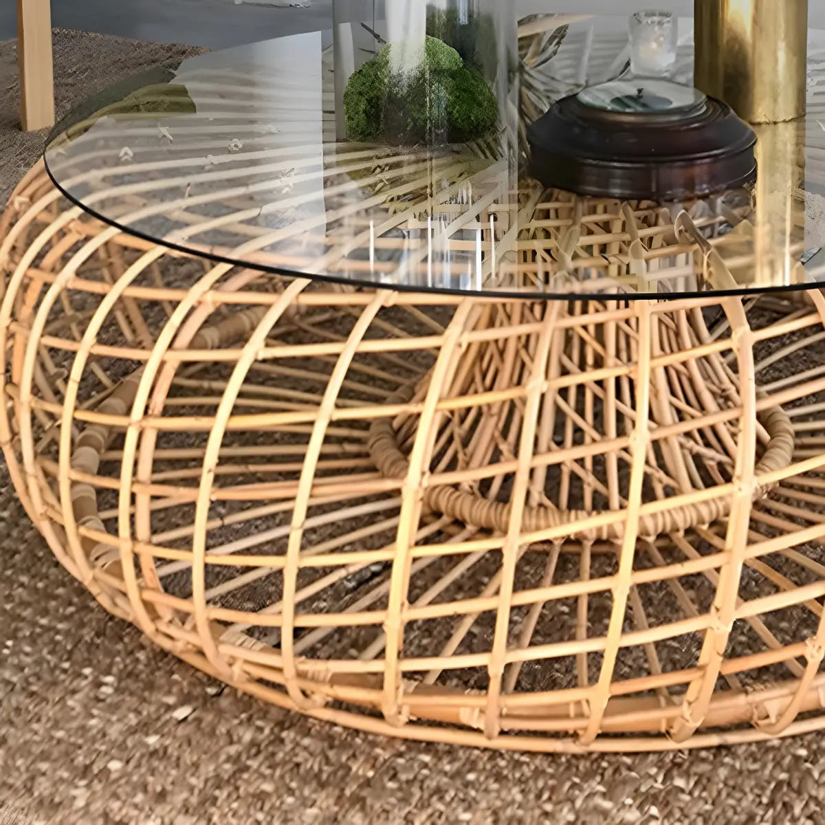 Glass Top Gold Wicker Rattan Outdoor Coffee Table Image - 13