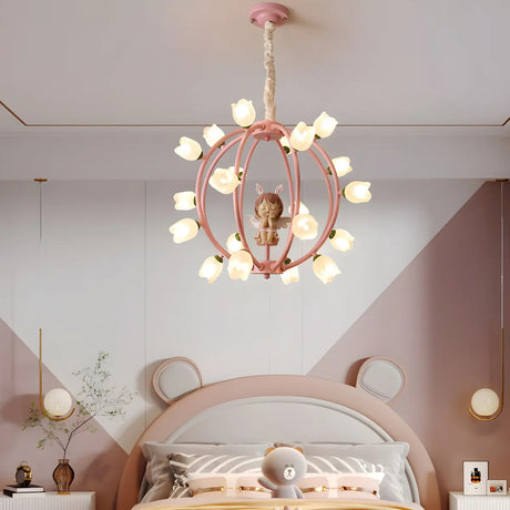 Globe Flower Angel Metal Kids Room Pink Chandelier Image - 1