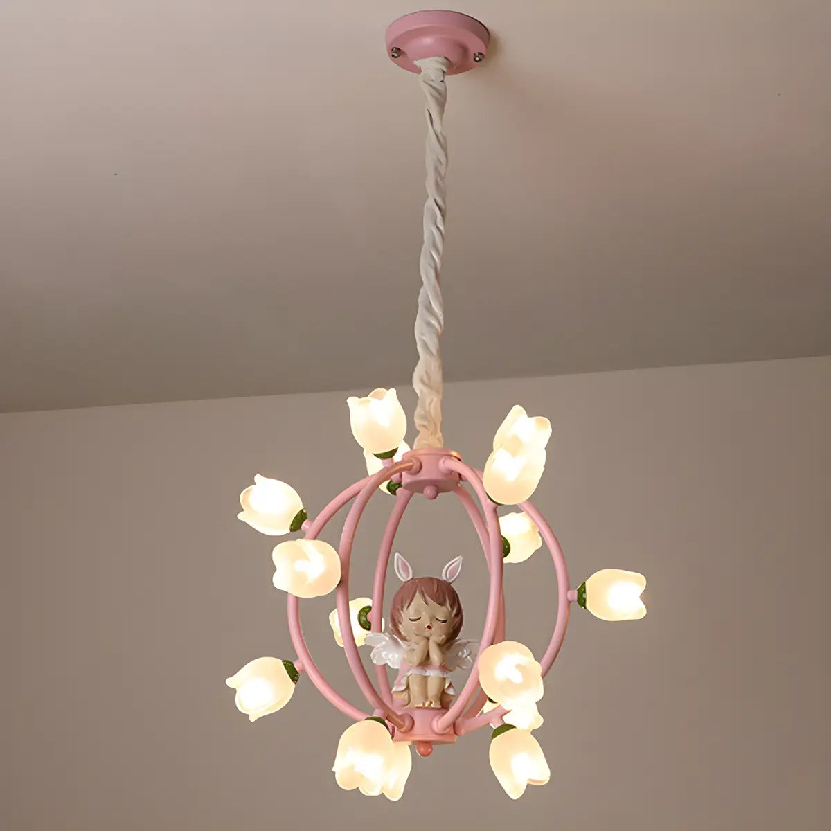 Globe Flower Angel Metal Kids Room Pink Chandelier Image - 11