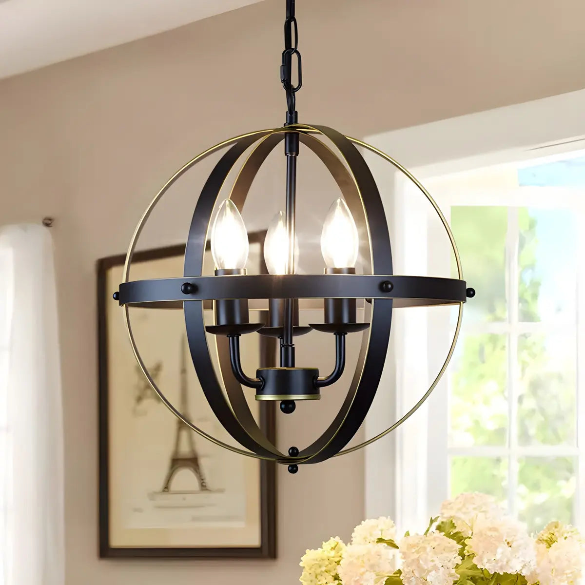 Globe Metal Black Chain Small 3-Light Foyer Chandelier Image - 2