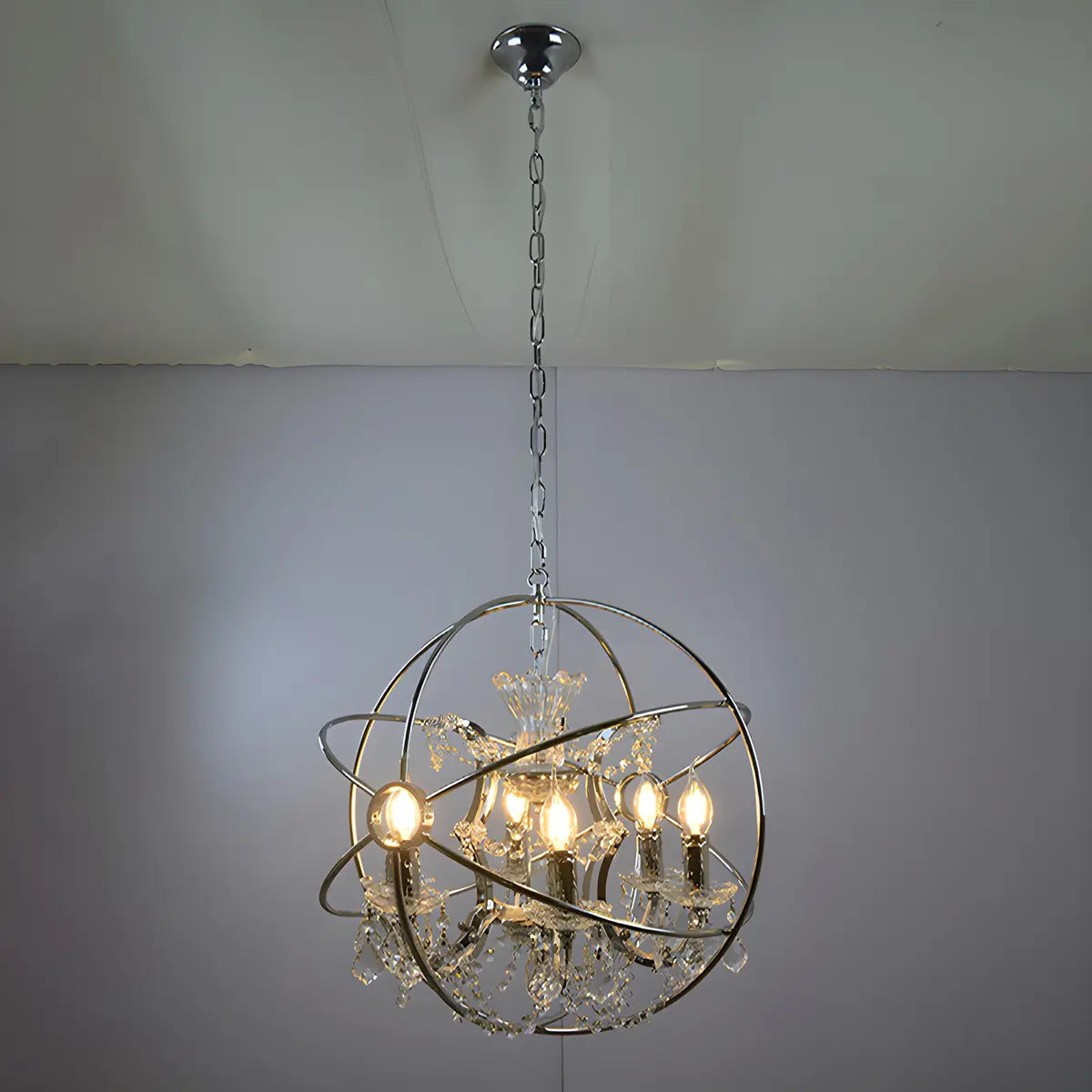 Globe Metal Chrome Crystal Candle Foyer Chandelier Image - 1