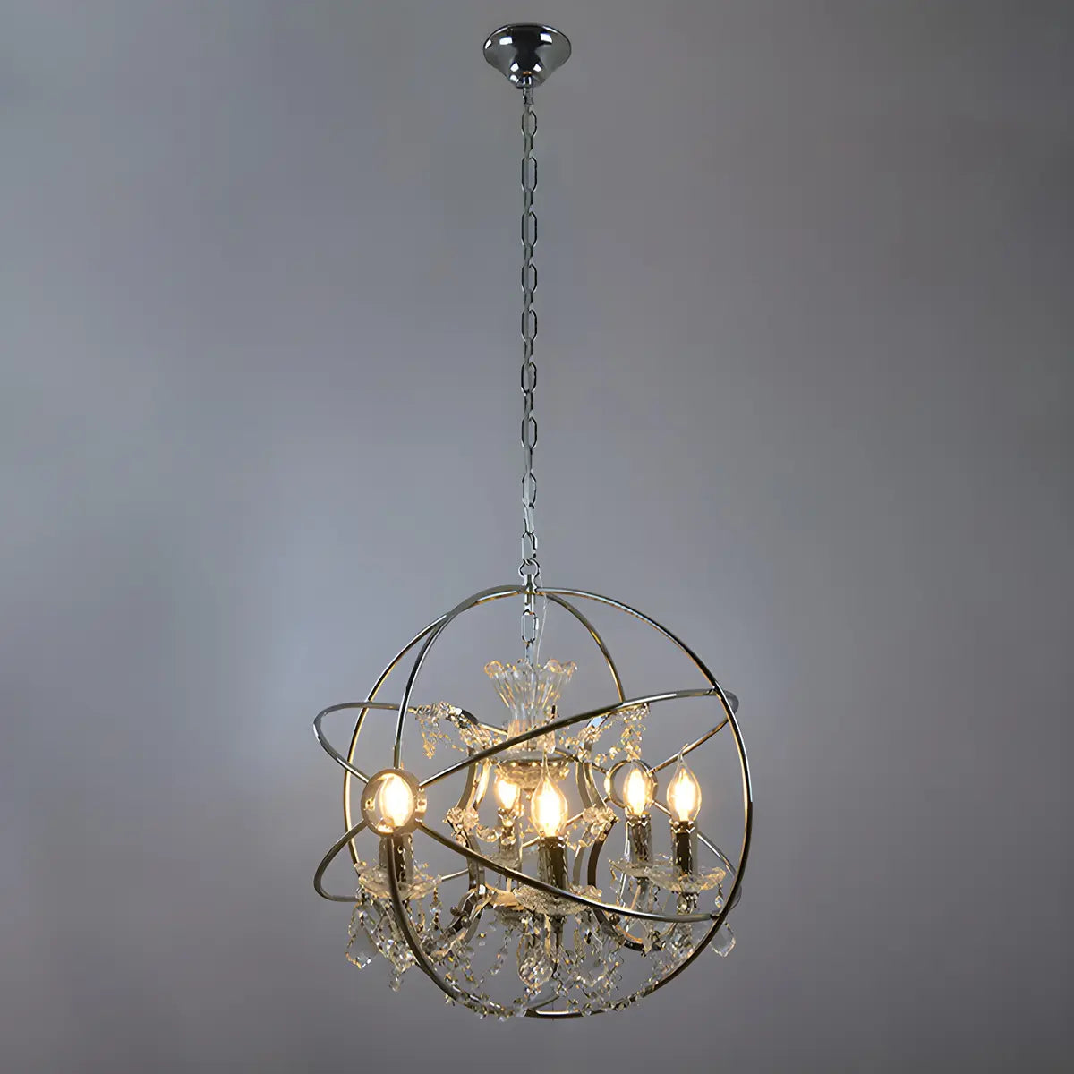 Globe Metal Chrome Crystal Candle Foyer Chandelier Image - 6