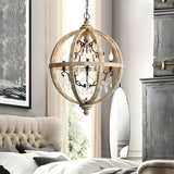 Globe Wood Metal Candle Large Chain Foyer Chandelier Image - 6