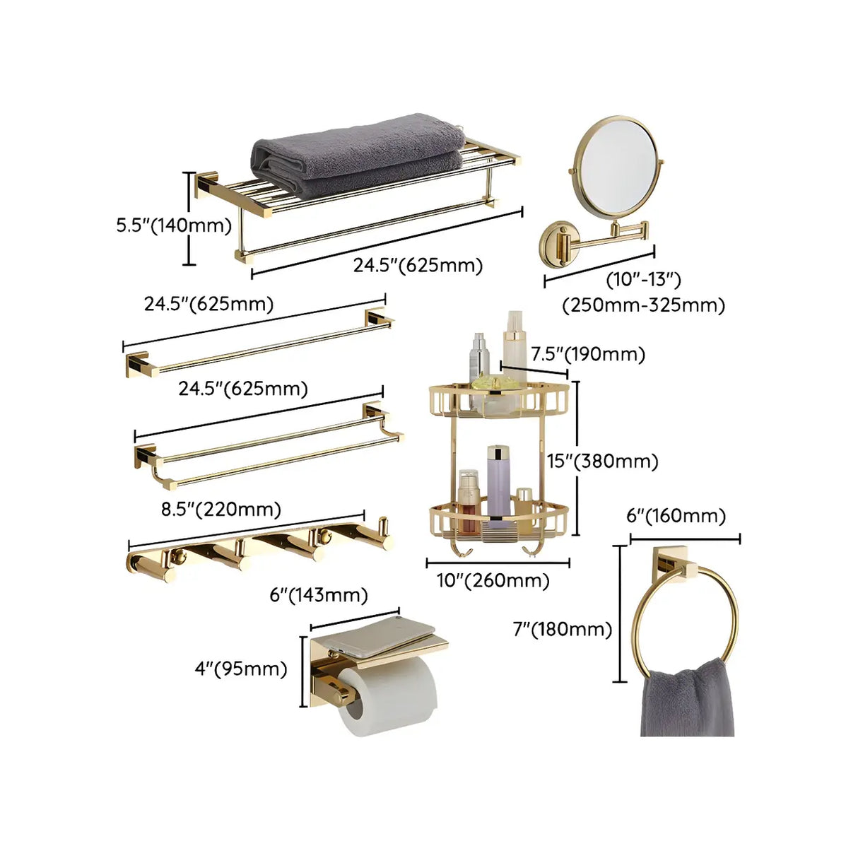 Gold Adhesive Mount Metal Storage Bathroom Hardware Set 