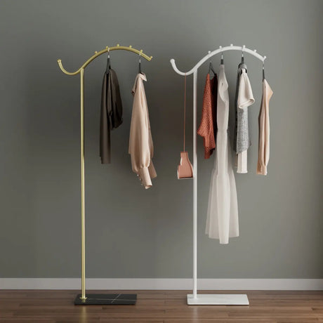 Gold and White Curved Metal Frame Hooks Entry Coat Rack Image - 1