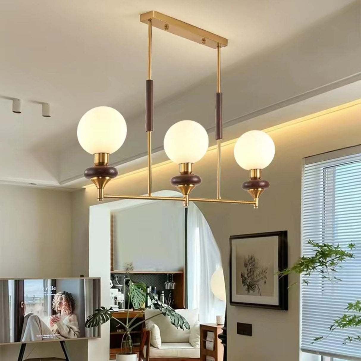 Gold and Wood Globe Pendant Light Kitchen Island Image - 4