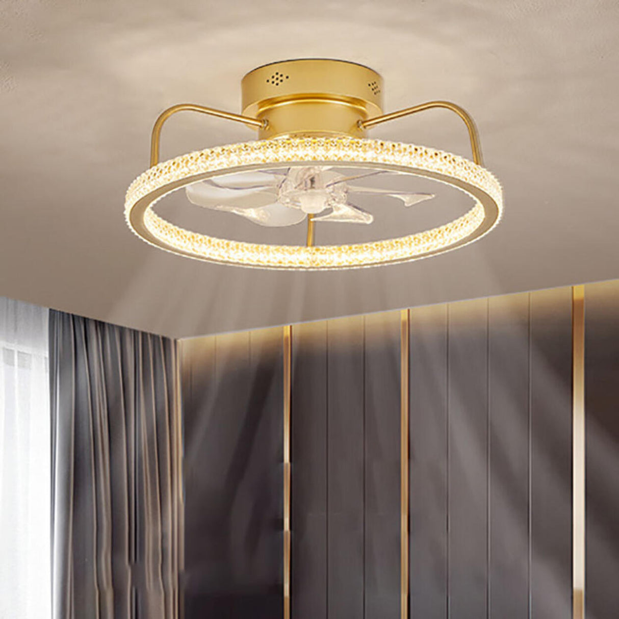 Gold Bedroom Round Crystal Dimming Ceiling Fan Light Image - 3