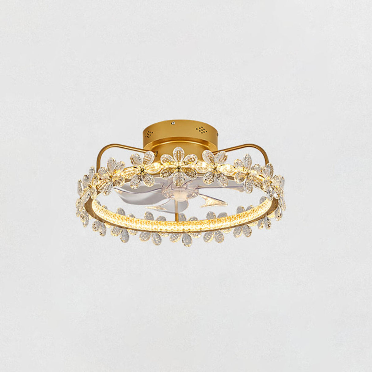 Gold Bedroom Round Crystal Dimming Ceiling Fan Light Image - 8