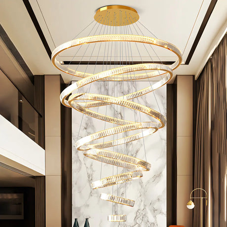 Gold Circle LED Crystal Remote Tiered Foyer Chandelier Image - 1