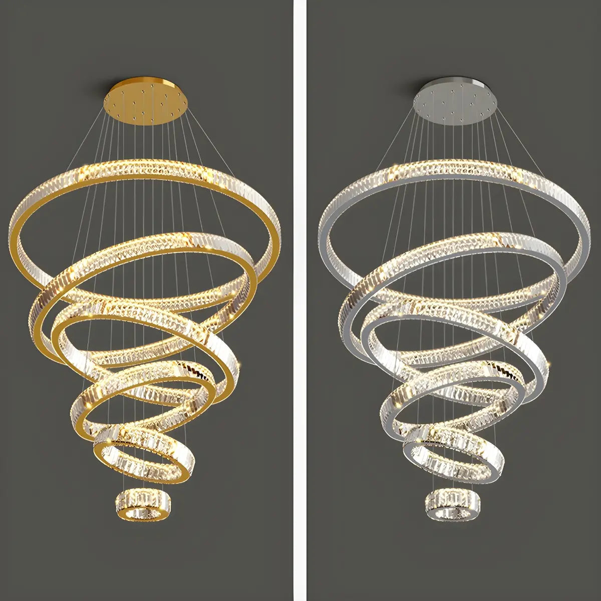 Gold Circle LED Crystal Remote Tiered Foyer Chandelier Image - 12