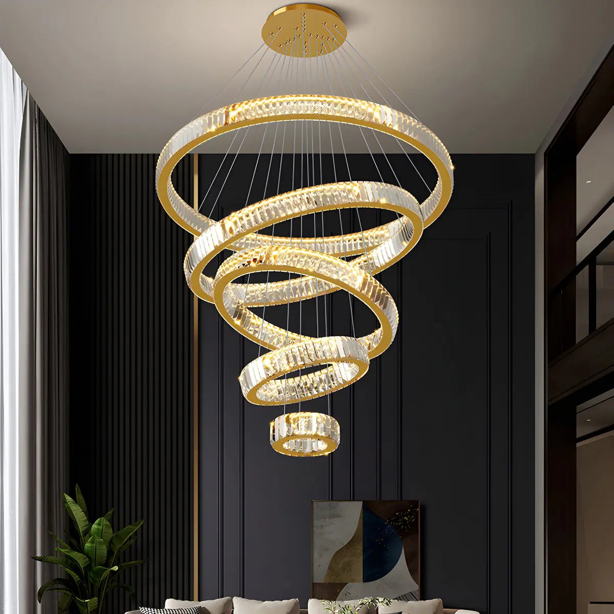 Gold Circle LED Crystal Remote Tiered Foyer Chandelier Image - 20