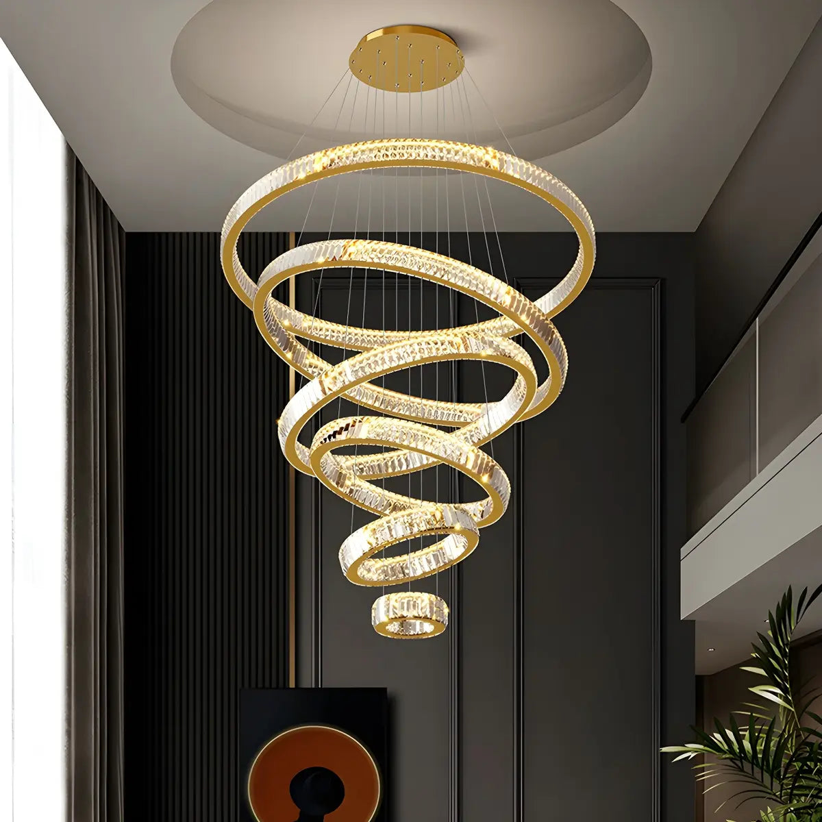 Gold Circle LED Crystal Remote Tiered Foyer Chandelier Image - 21