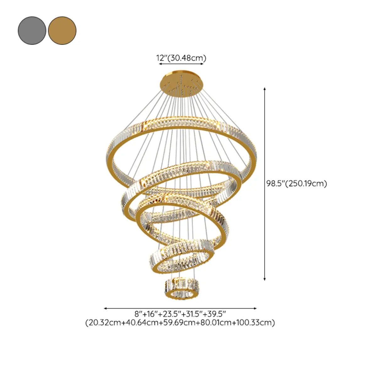 Gold Circle LED Crystal Remote Tiered Foyer Chandelier 