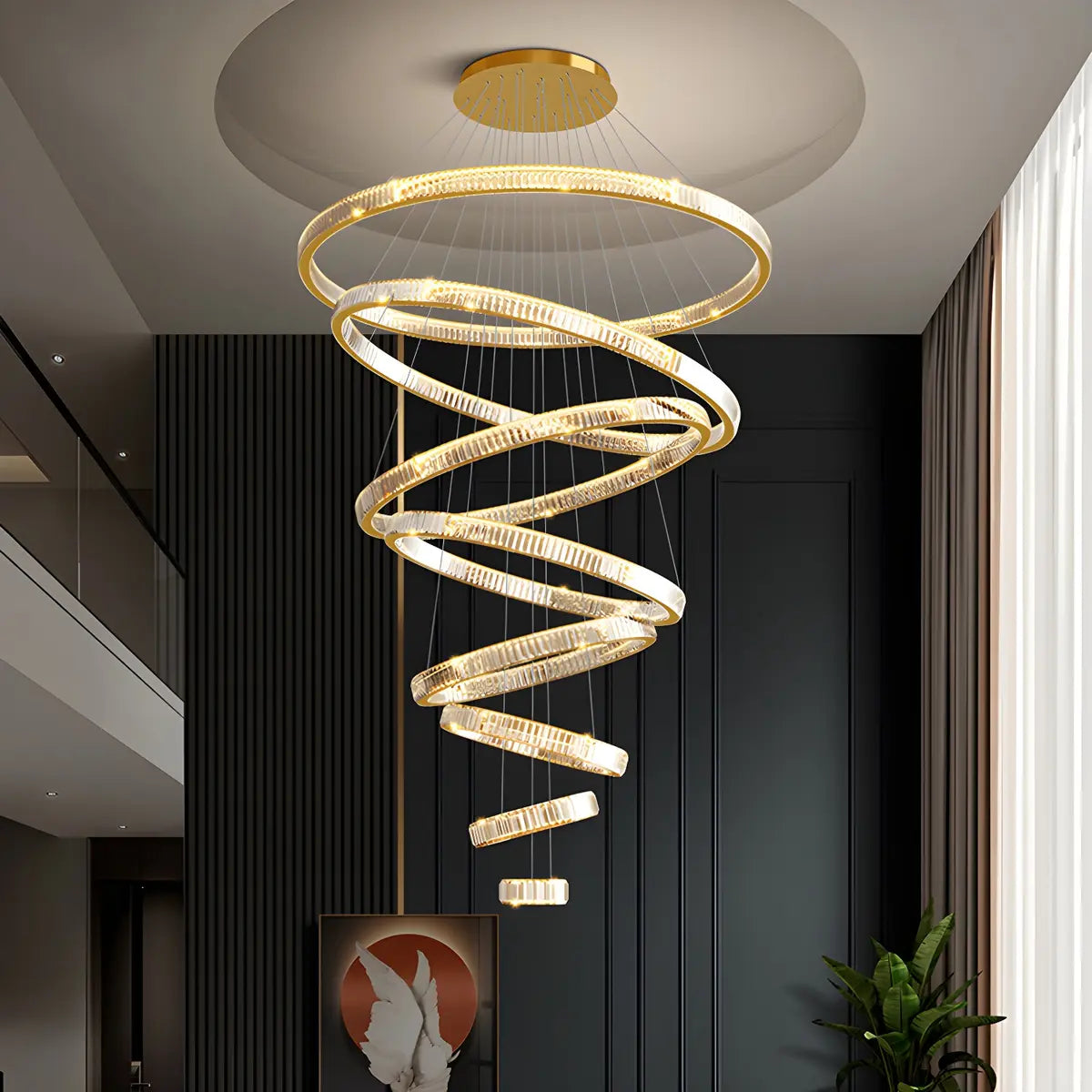 Gold Circle LED Crystal Remote Tiered Foyer Chandelier Image - 3