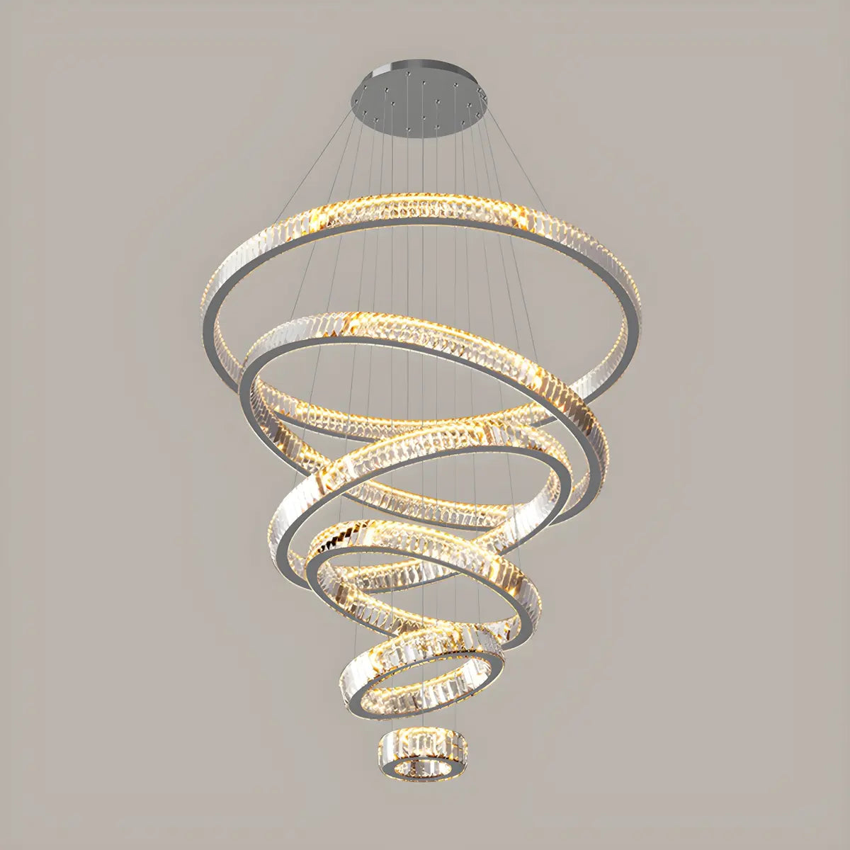 Gold Circle LED Crystal Remote Tiered Foyer Chandelier Image - 4