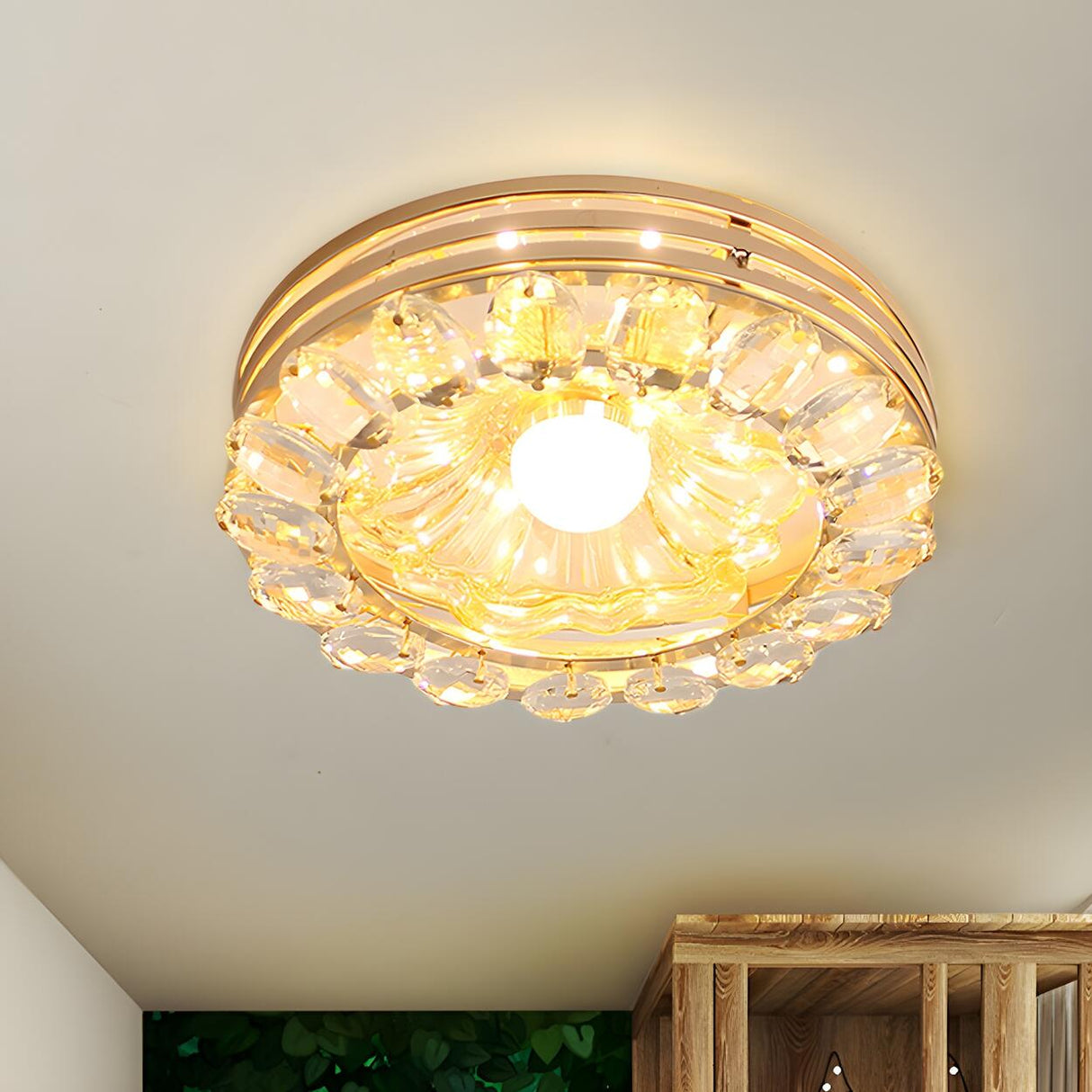 Gold Crystal Flower Round LED Flush Mount Ceiling Light Image - 2