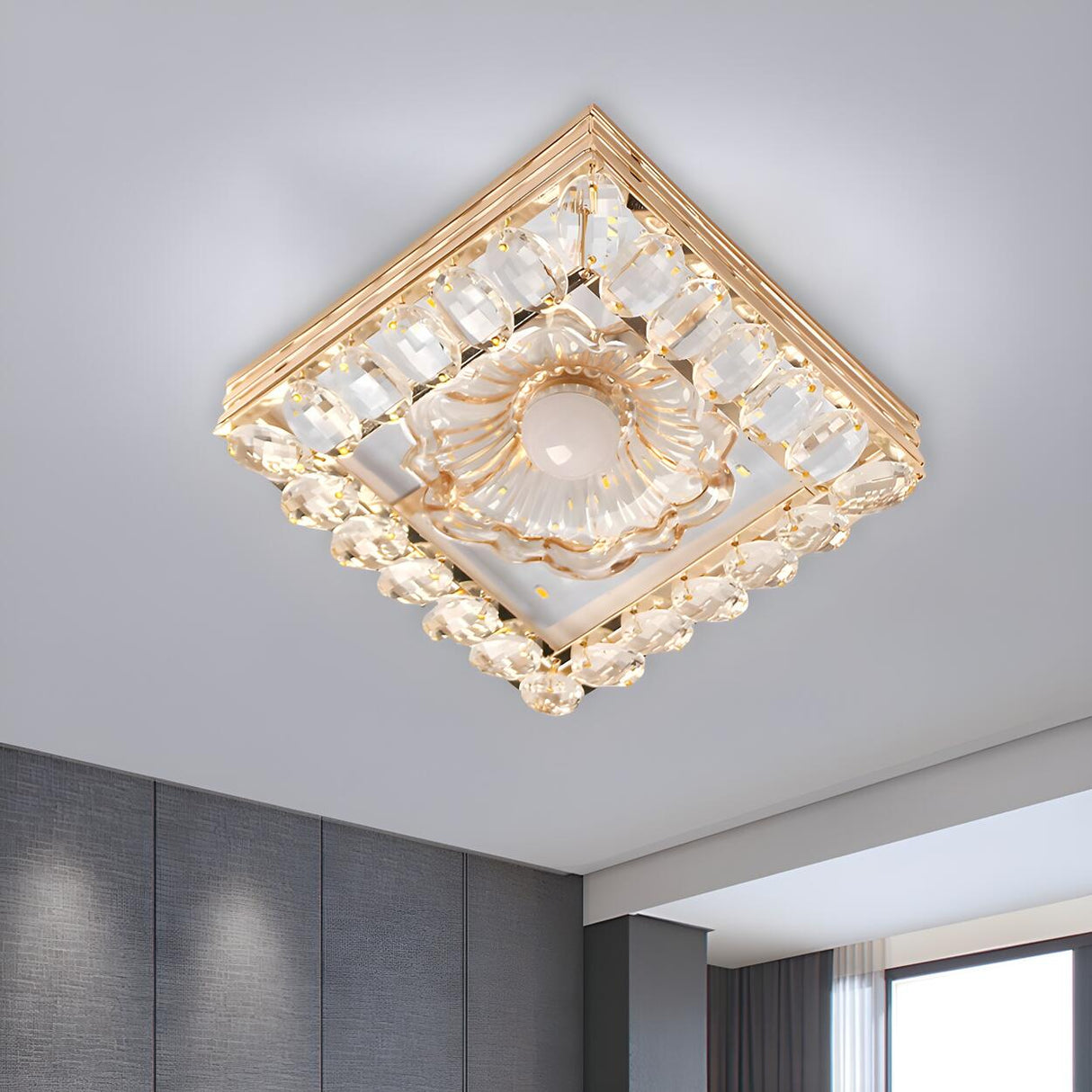 Gold Crystal Flower Round LED Flush Mount Ceiling Light Image - 5