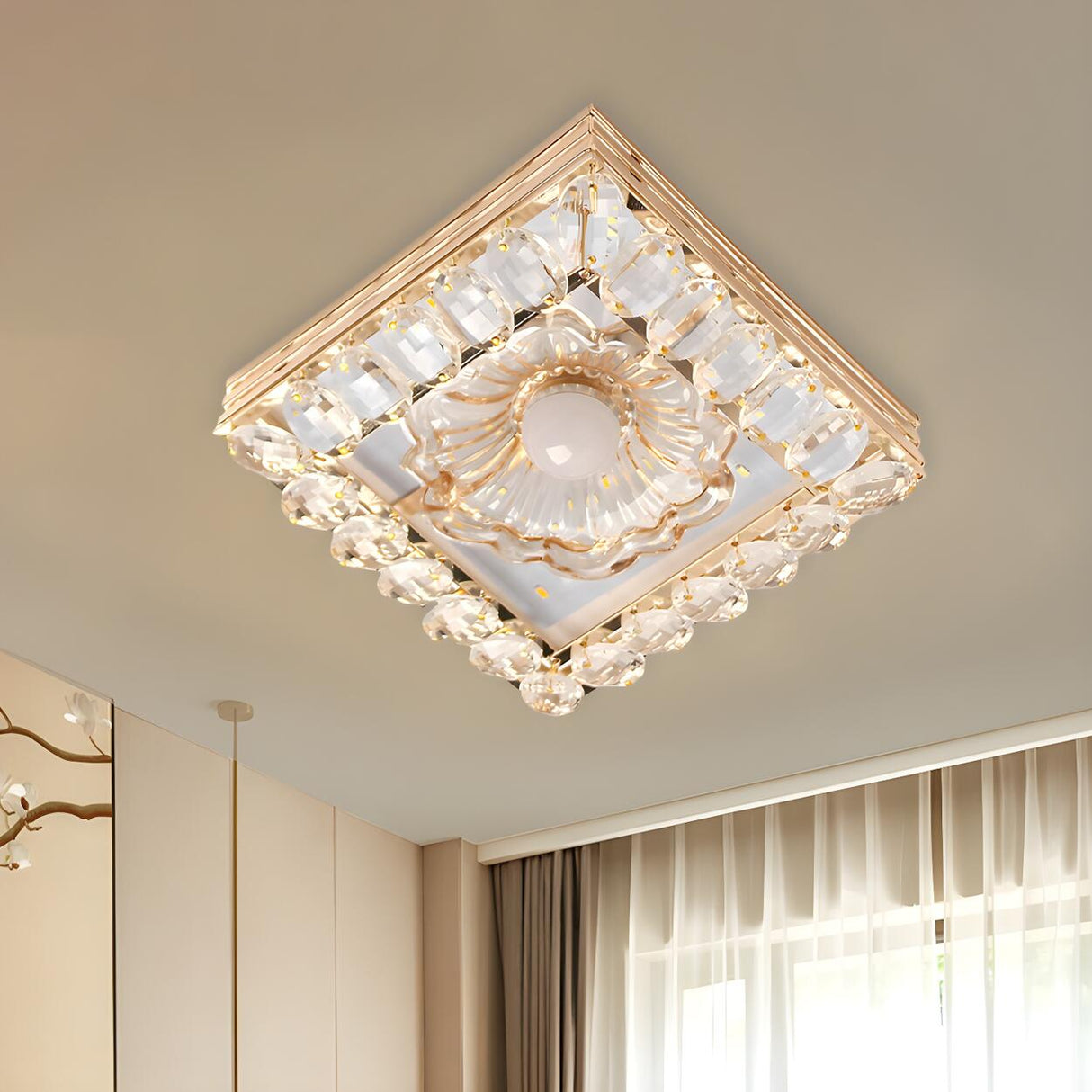 Gold Crystal Flower Round LED Flush Mount Ceiling Light Image - 7