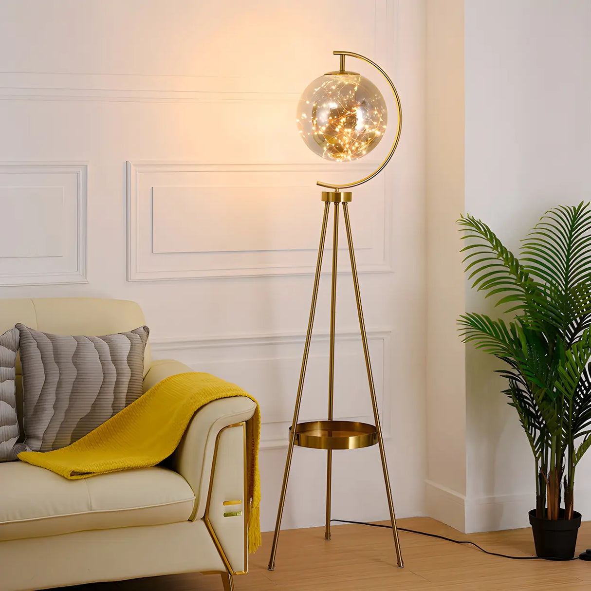 Gold Elegant Globe Tripod Floor Lamp with Side Table Image - 11