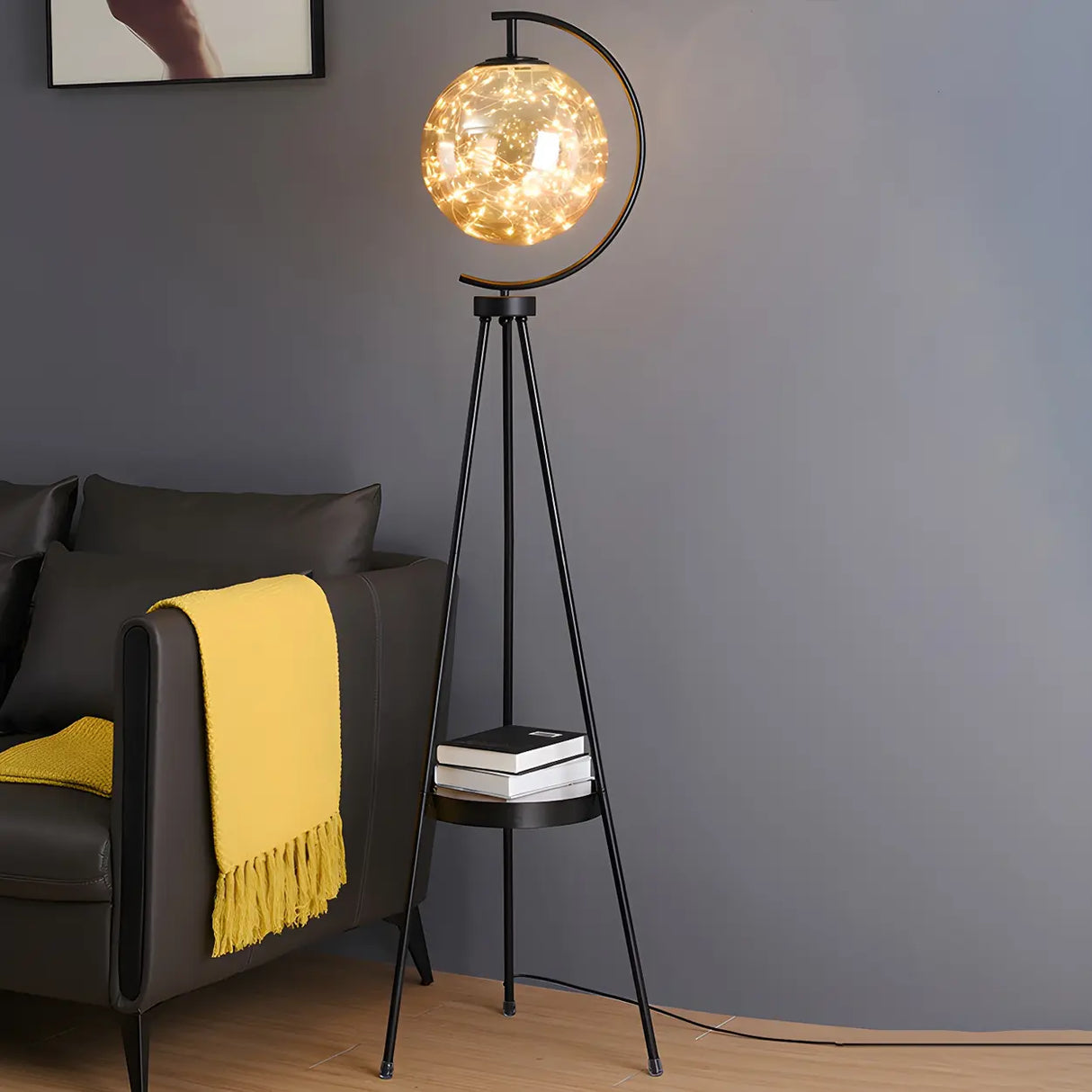 Gold Elegant Globe Tripod Floor Lamp with Side Table Image - 12