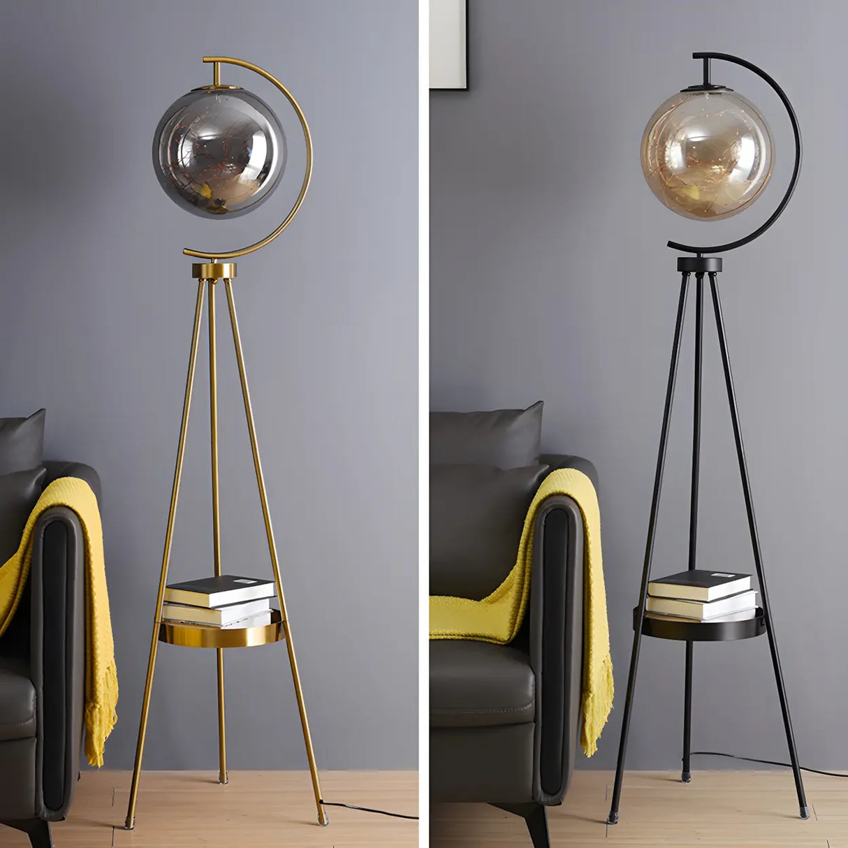 Gold Elegant Globe Tripod Floor Lamp with Side Table Image - 13