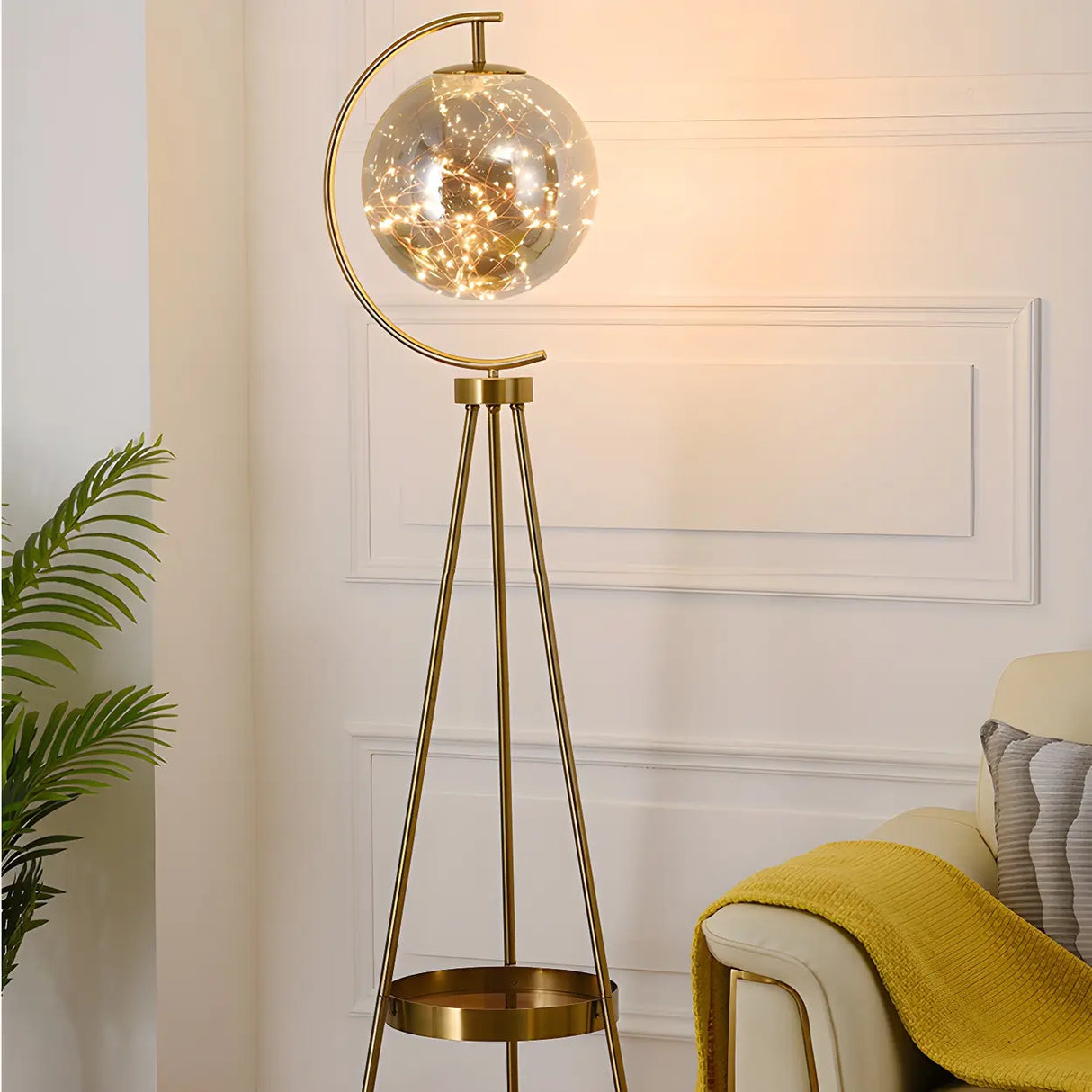 Gold Elegant Globe Tripod Floor Lamp with Side Table Image - 15