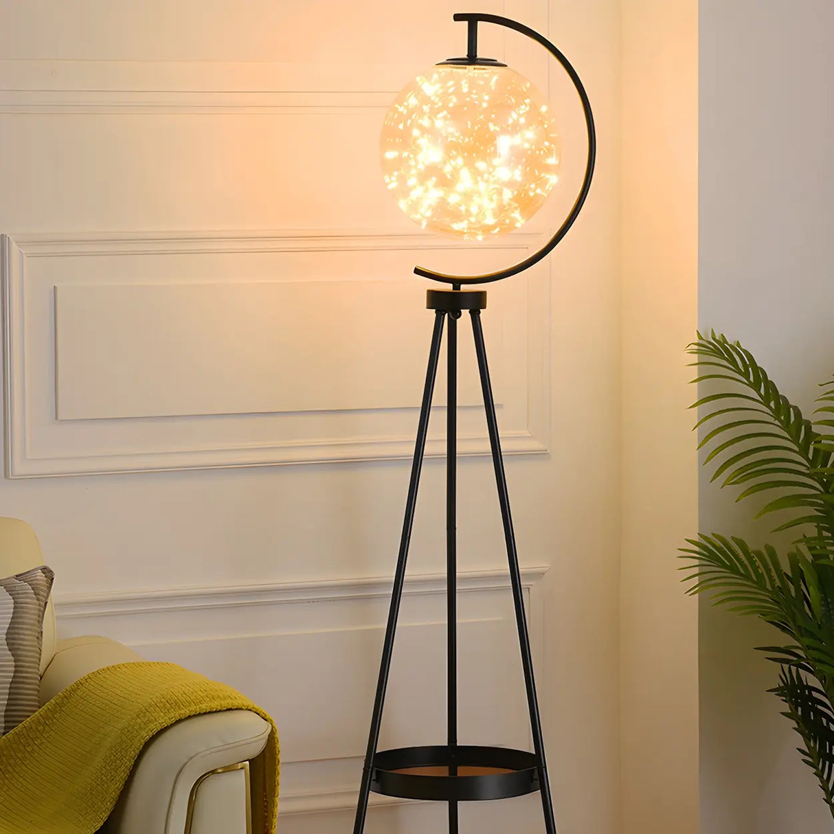 Gold Elegant Globe Tripod Floor Lamp with Side Table Image - 16