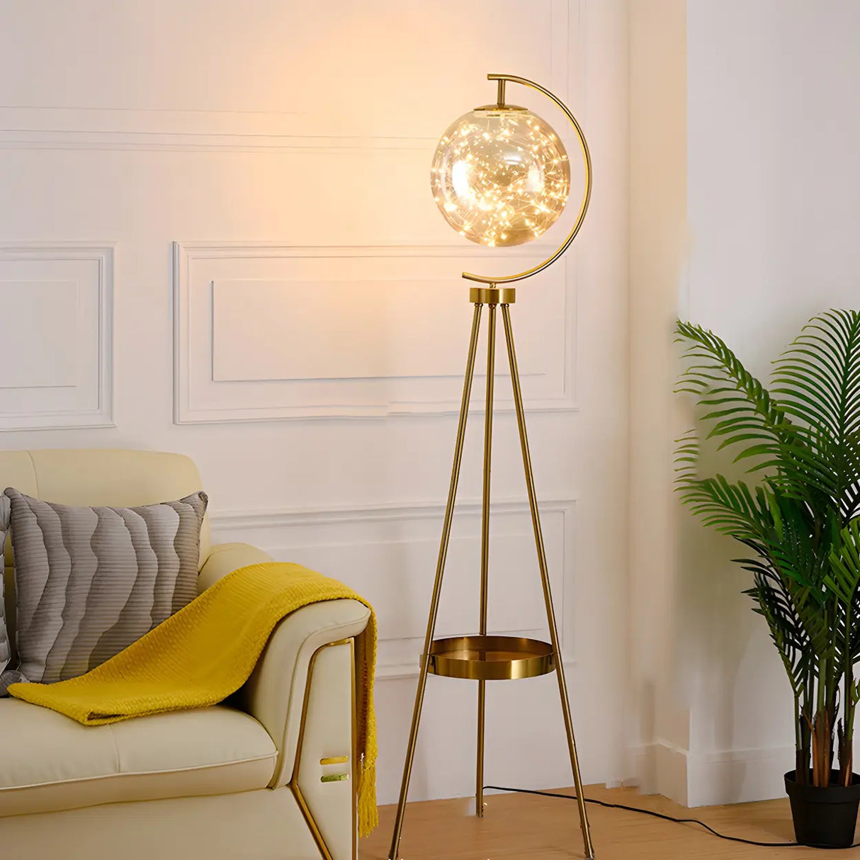 Gold Elegant Globe Tripod Floor Lamp with Side Table Image - 2