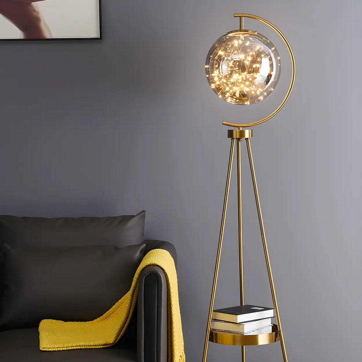 Gold Elegant Globe Tripod Floor Lamp with Side Table Image - 3