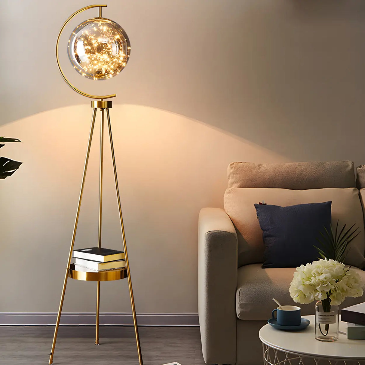 Gold Elegant Globe Tripod Floor Lamp with Side Table Image - 4