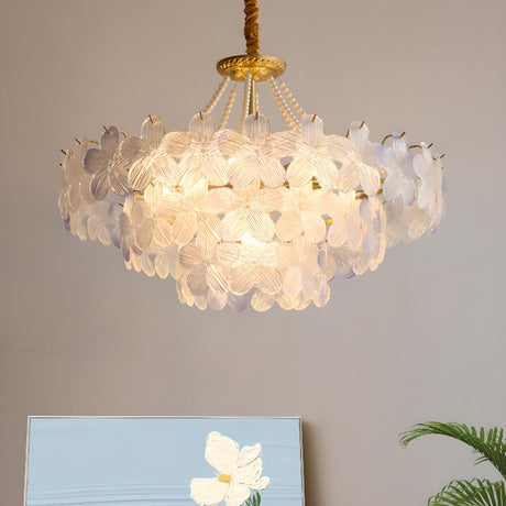 Gold Floral Clear Glass Chandelier, Adjustable Height Image - 1