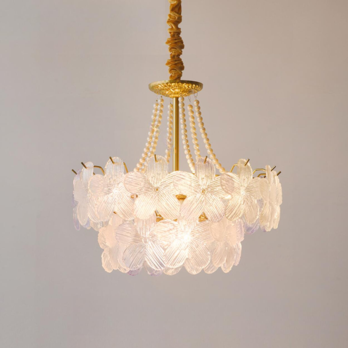 Gold Floral Clear Glass Chandelier, Adjustable Height Image - 11