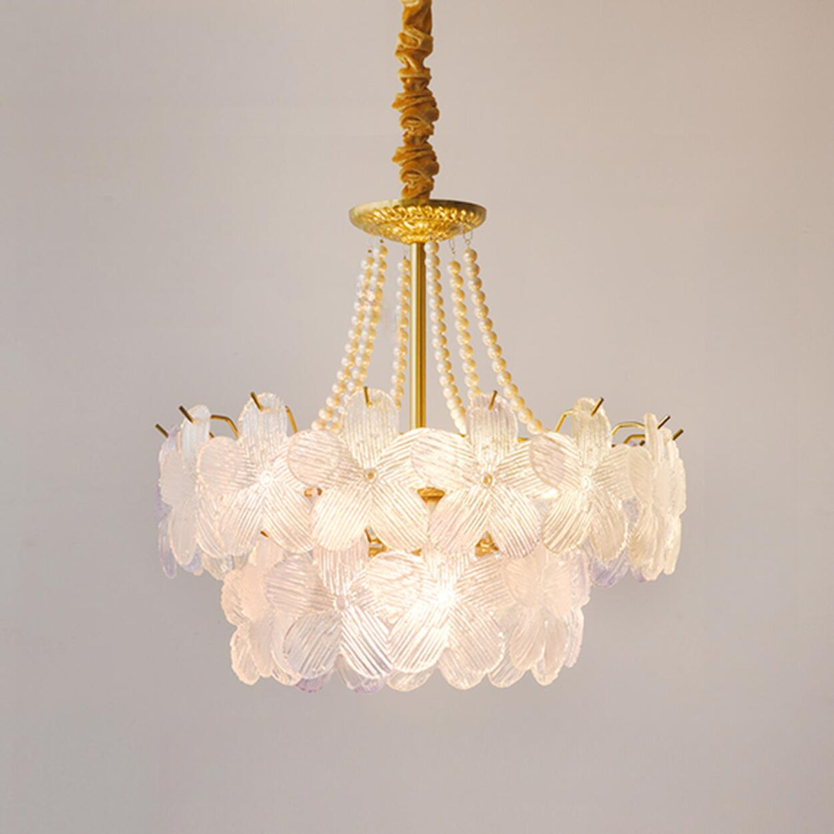 Gold Floral Clear Glass Chandelier, Adjustable Height Image - 13