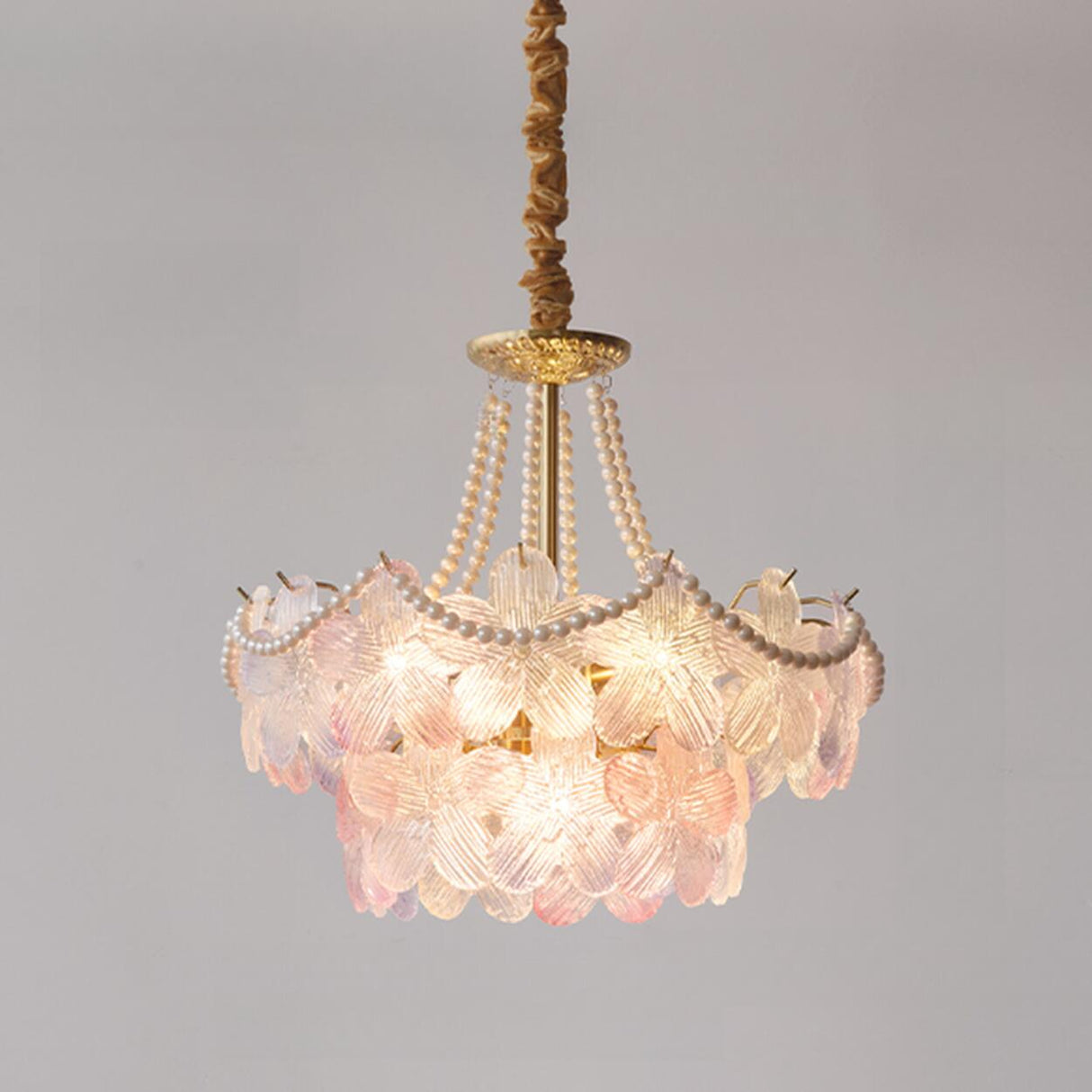 Gold Floral Clear Glass Chandelier, Adjustable Height Image - 2