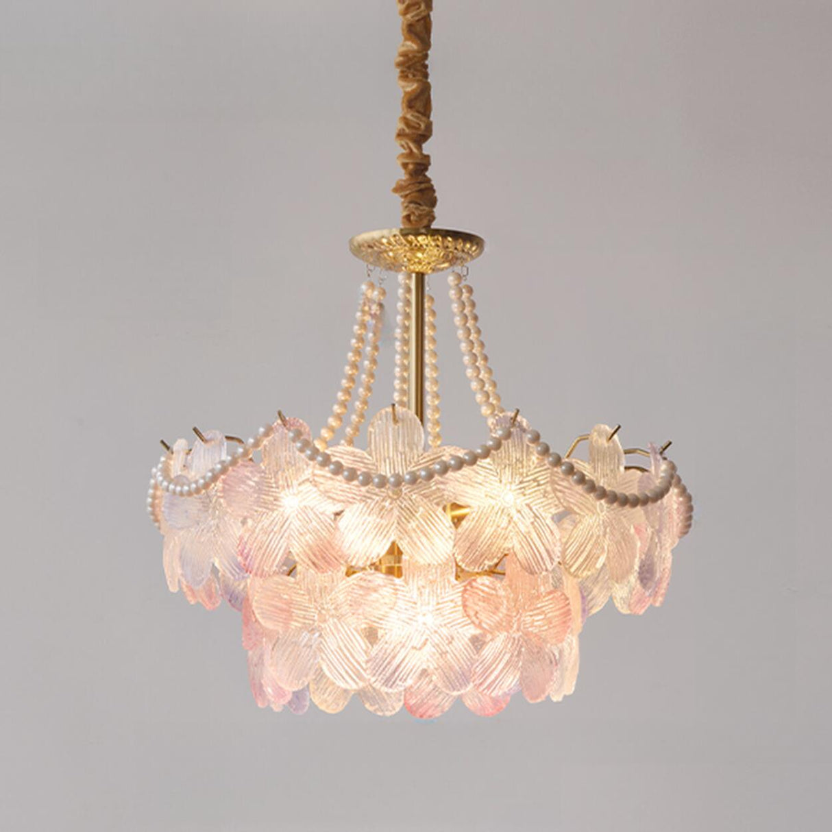 Gold Floral Clear Glass Chandelier, Adjustable Height Image - 4