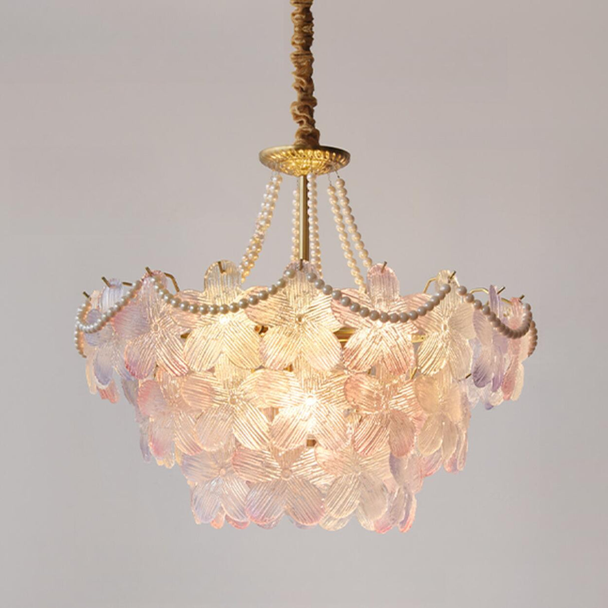 Gold Floral Clear Glass Chandelier, Adjustable Height Image - 5