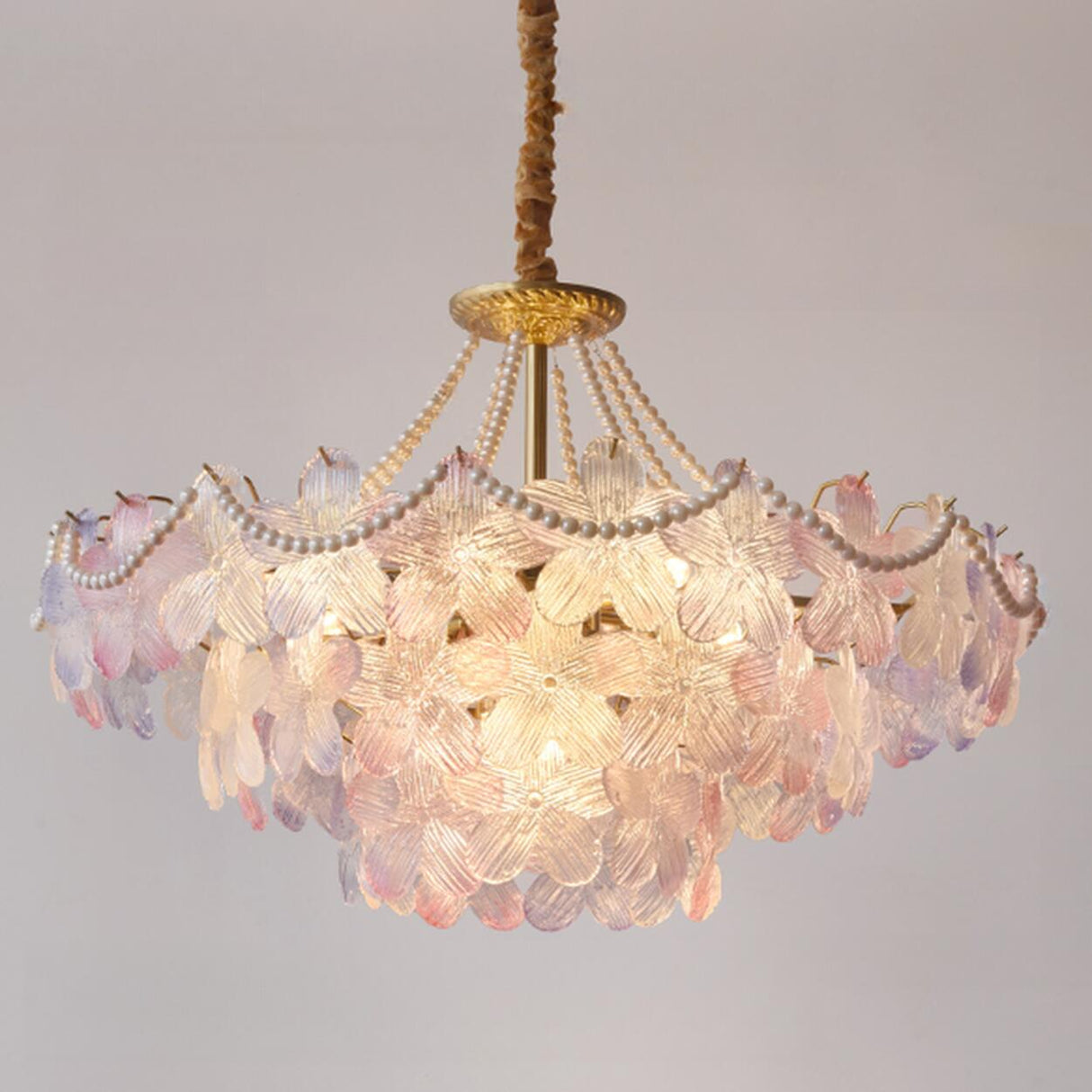 Gold Floral Clear Glass Chandelier, Adjustable Height Image - 7