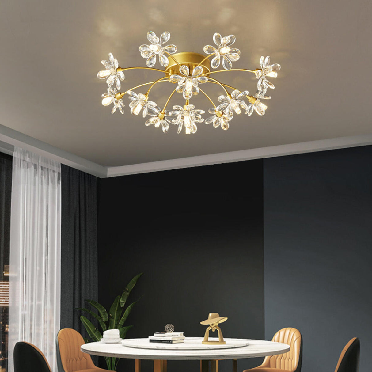 Gold Floral Crystal Semi-Flush Mount Ceiling Light Image - 14