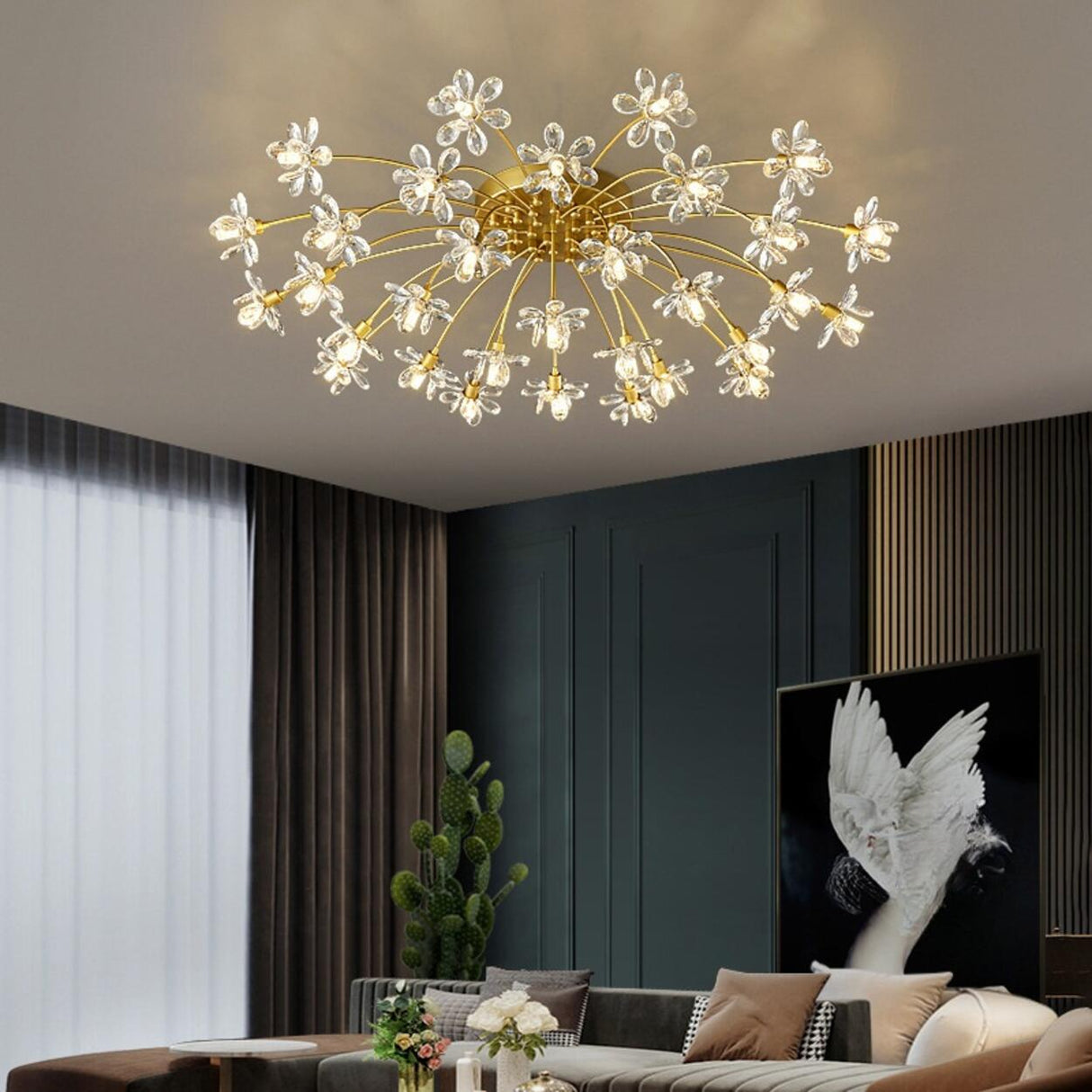 Gold Floral Crystal Semi-Flush Mount Ceiling Light Image - 6