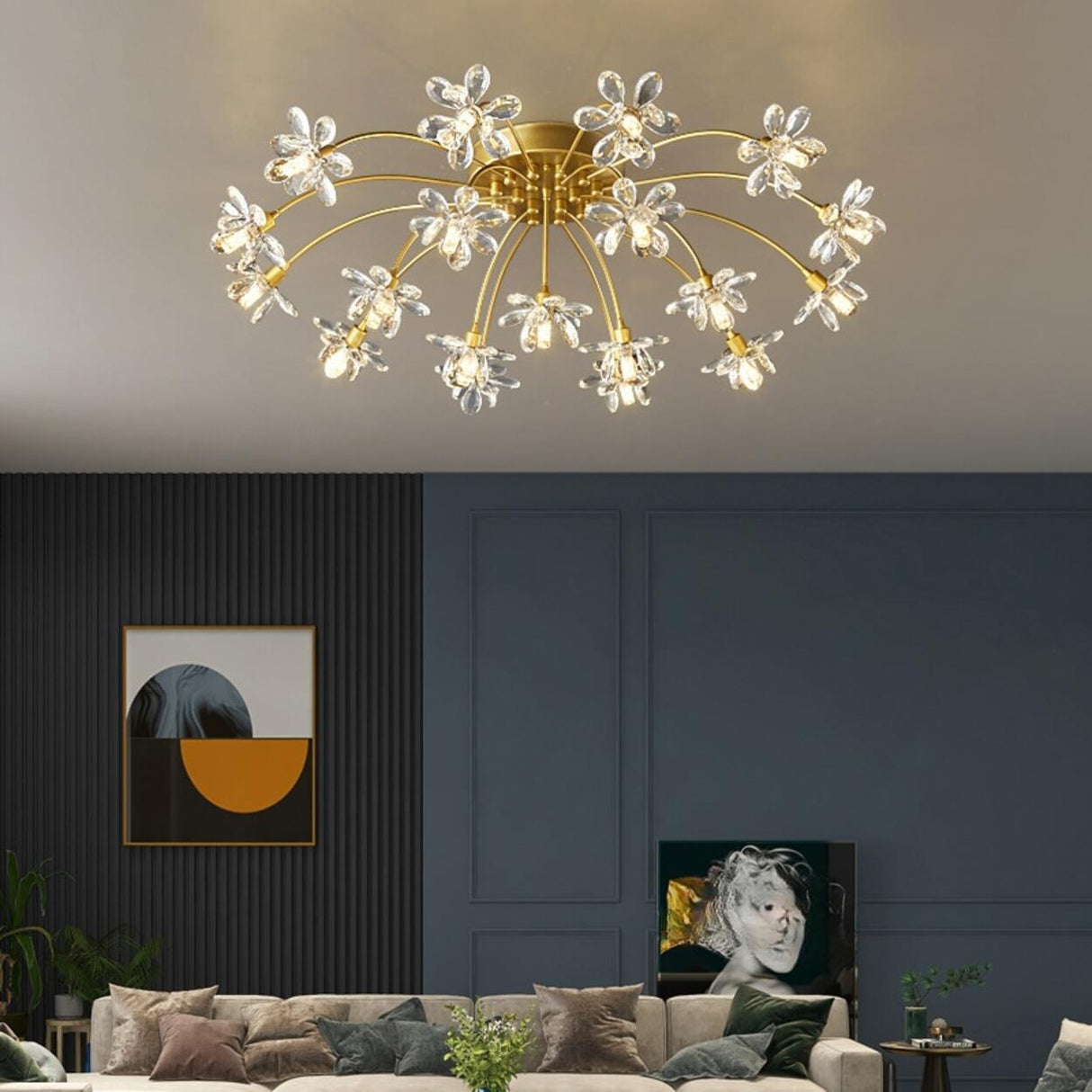 Gold Floral Crystal Semi-Flush Mount Ceiling Light Image - 7