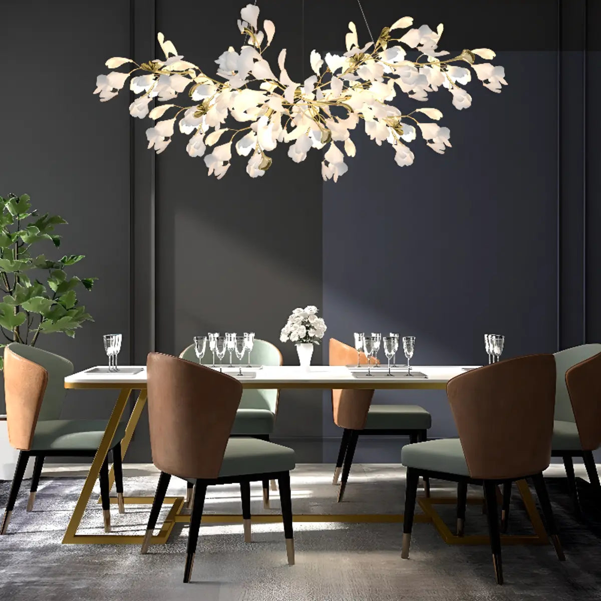 Gold Ginkgo Leaf Metal Geometric Dining Room Chandelier Image - 1