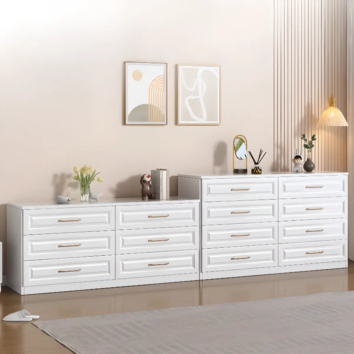 Gold Handle White Wood Horizontal Dresser with Drawers Image - 1