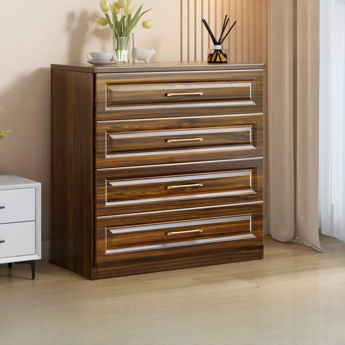 Gold Handle White Wood Horizontal Dresser with Drawers Image - 13