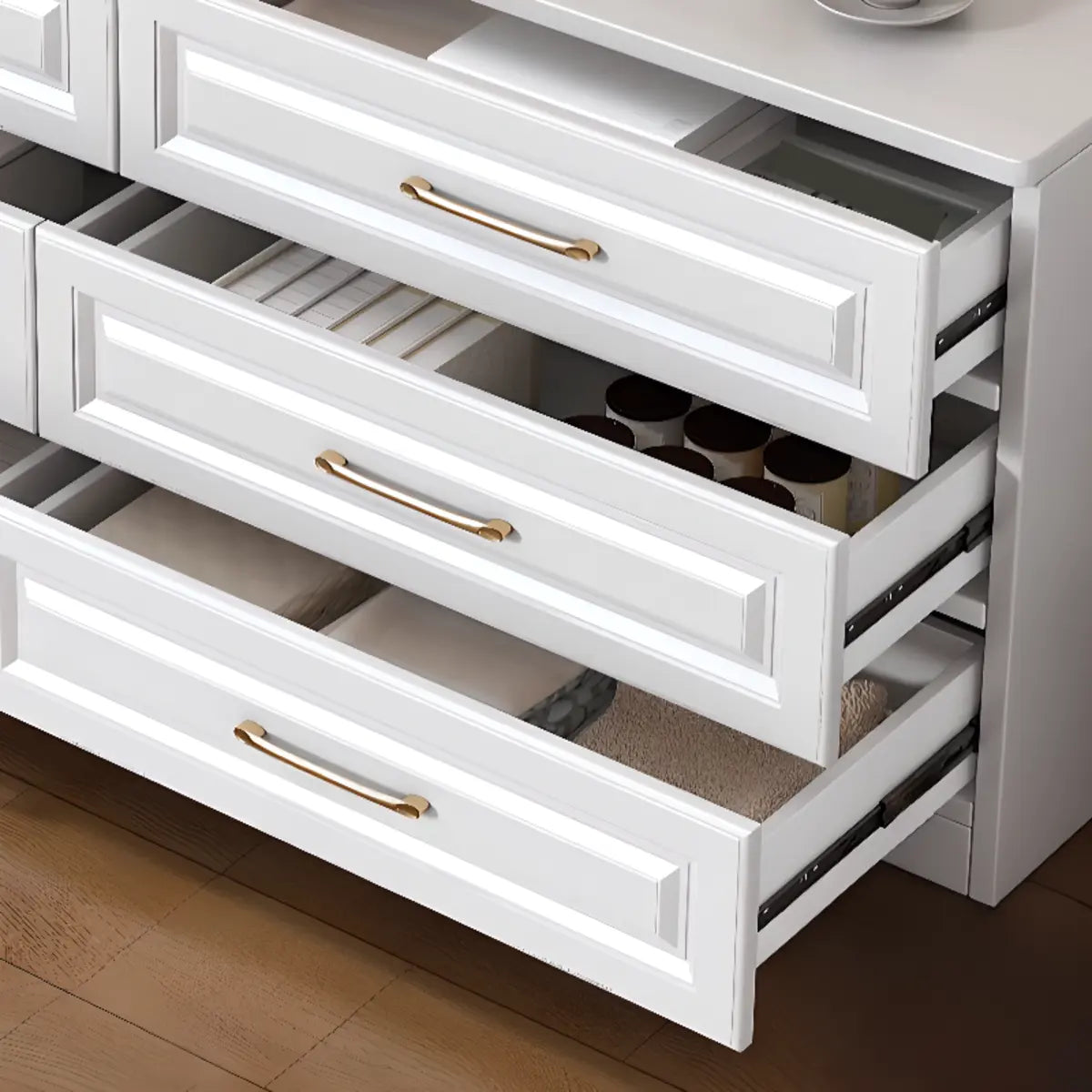 Gold Handle White Wood Horizontal Dresser with Drawers Image - 14