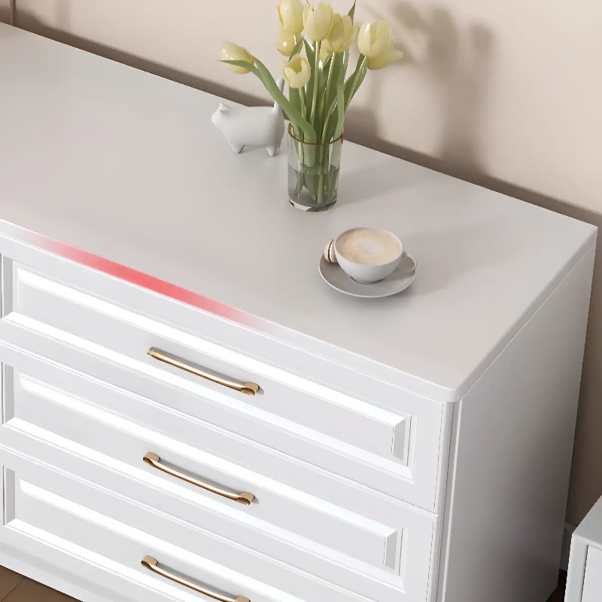 Gold Handle White Wood Horizontal Dresser with Drawers Image - 16