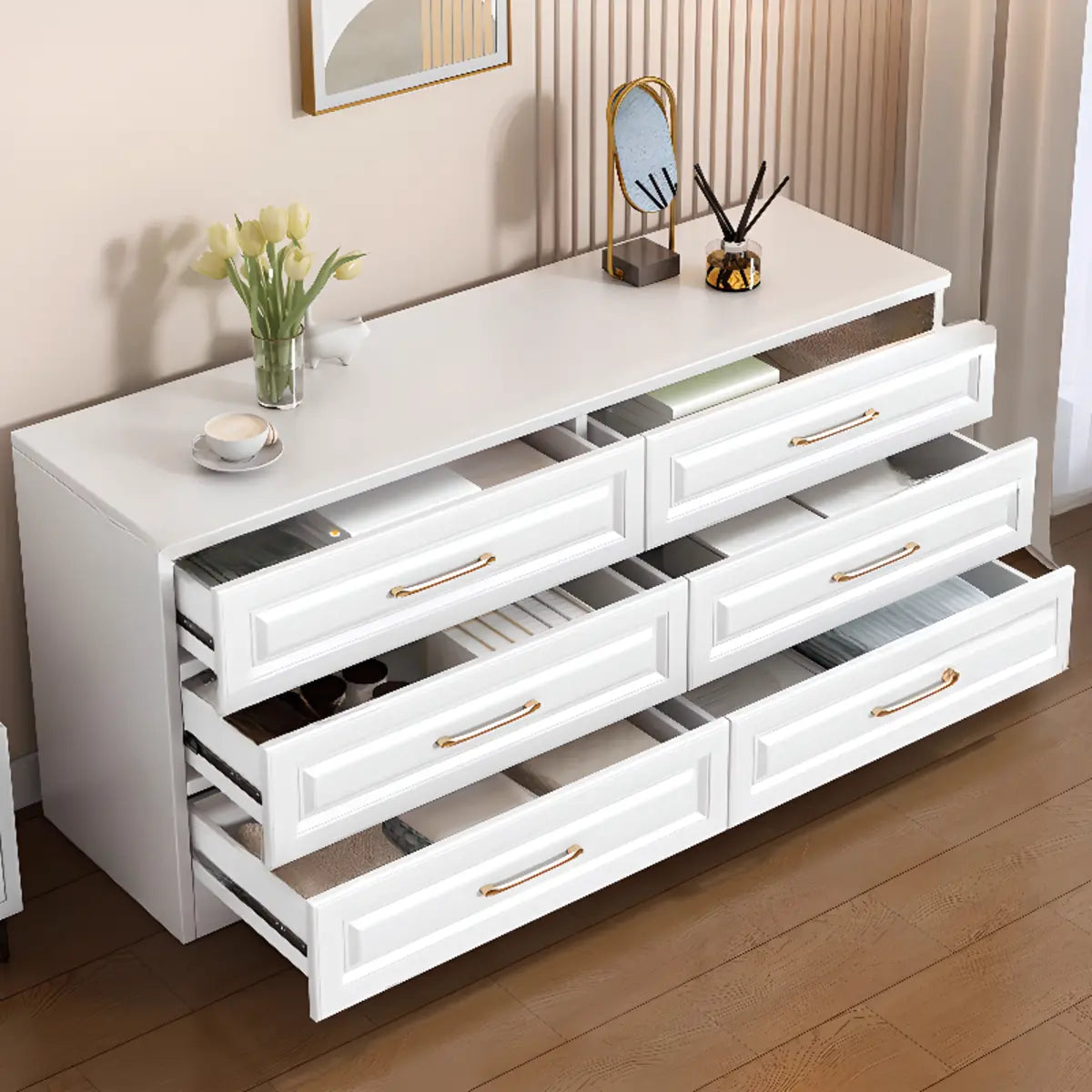 Gold Handle White Wood Horizontal Dresser with Drawers Image - 18