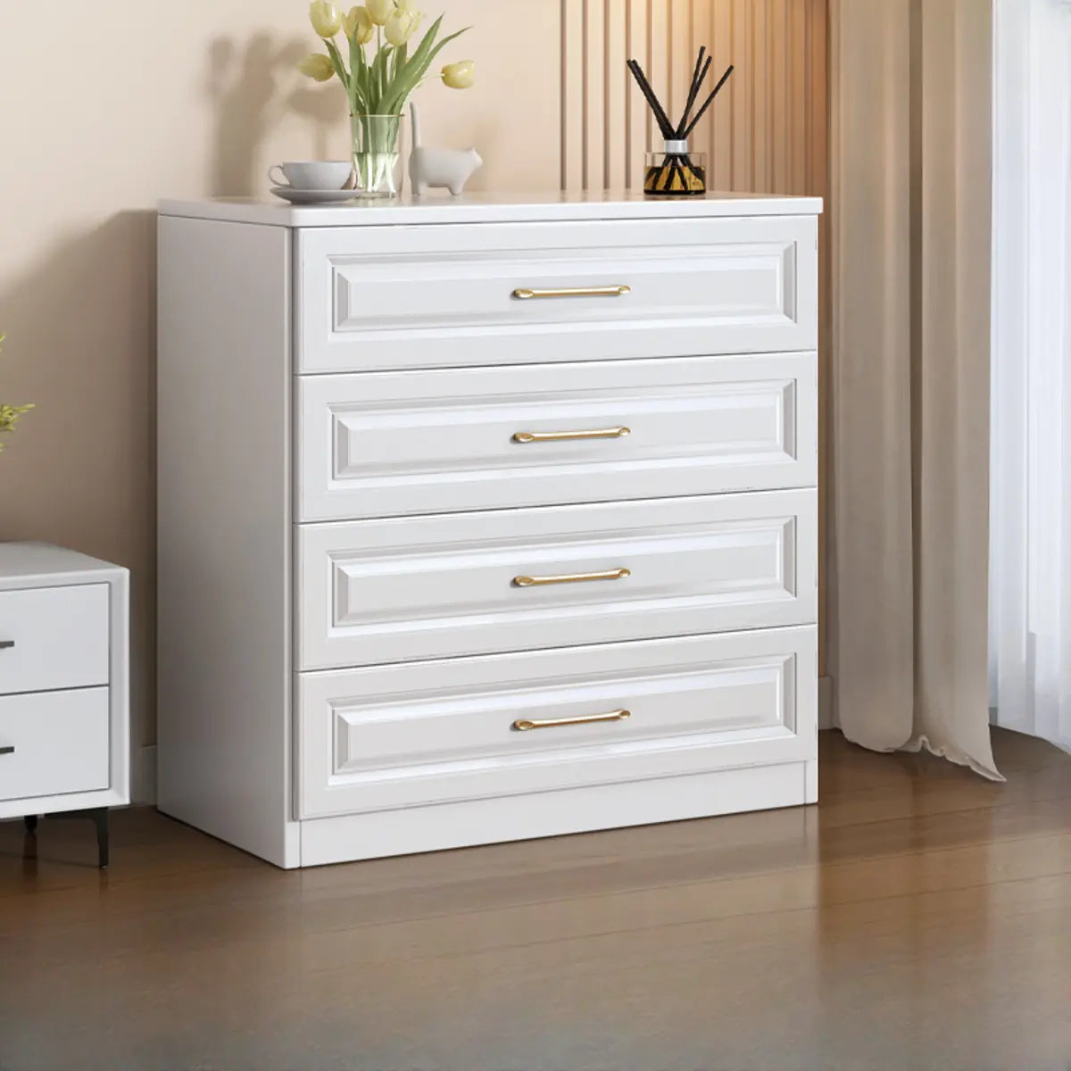 Gold Handle White Wood Horizontal Dresser with Drawers Image - 5