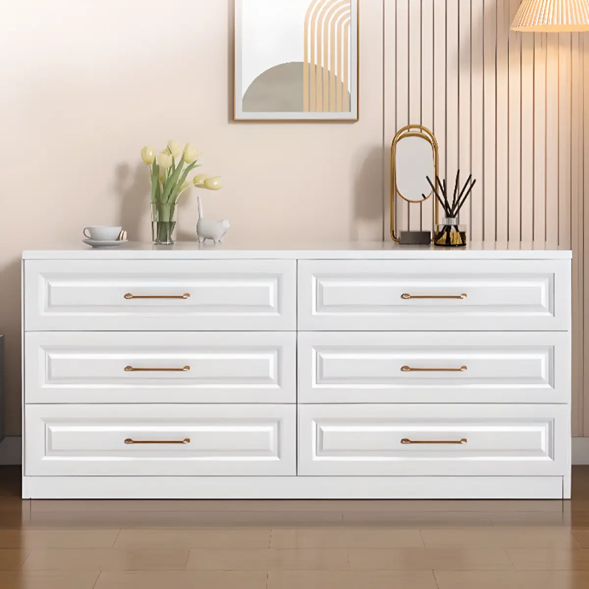 Gold Handle White Wood Horizontal Dresser with Drawers Image - 6