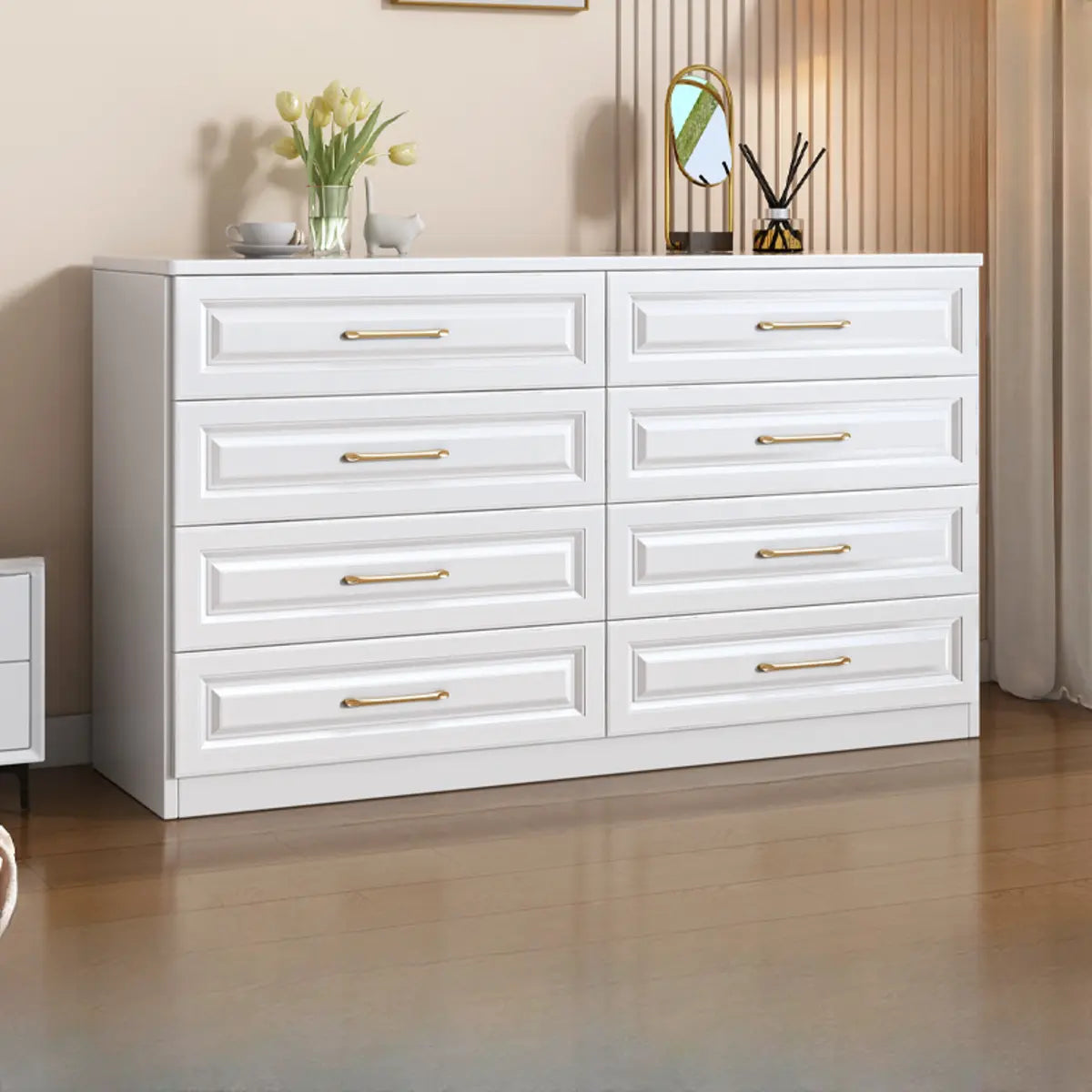 Gold Handle White Wood Horizontal Dresser with Drawers Image - 7