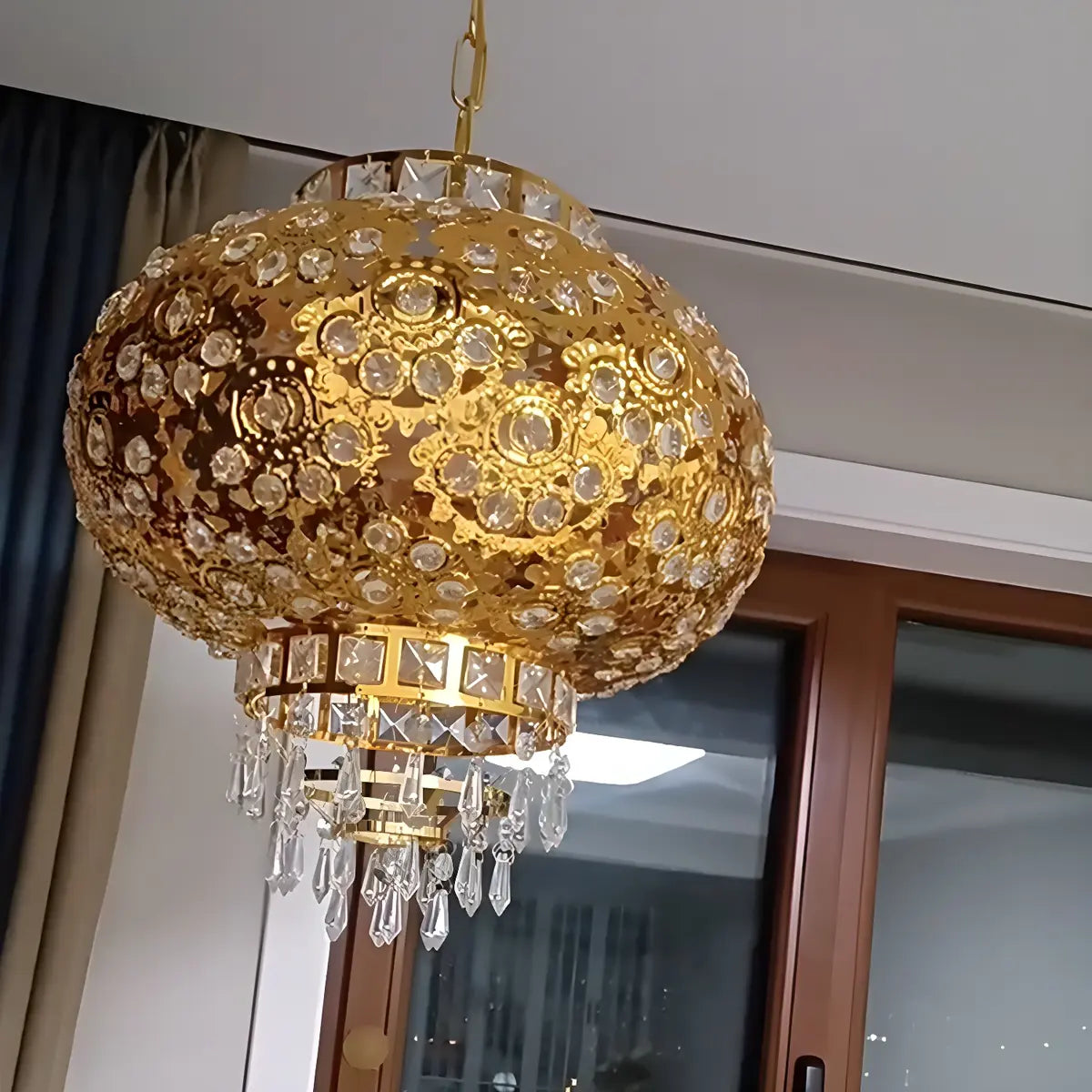 Gold Iron Lantern Crystal Adjustable Living Room Chandelier Image - 2